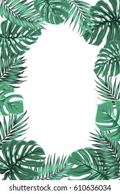 Exotic tropical jungle rainforest bright green palm tree and monstera leaves border frame template on white background. Vertical portrait aspect ratio. Place for text . Vector design illustration.
