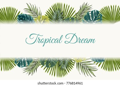 Exotic tropical jungle rainforest bright green turquoise palm tree monstera leaves border frame template on white background. Horizontal landscape banner. Vector design illustration. Text placeholder.