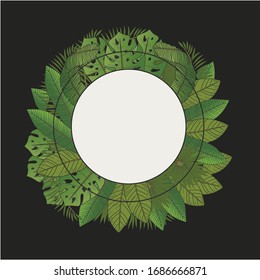 Exotic tropical jungle rainforest round circle wreath border frame. Bright green palm tree and monstera leaves. Isolated design element on black background. Place for text. Vector flat illustration.