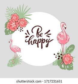 Exotic tropical jungle rainforest round circle border frame with Pink flamingo. Cute African bird. green palm tree monstera leaves flowers. Isolated element. Place for text Vector design illustration.