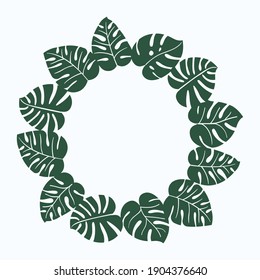 Exotic tropical jungle rainforest round circle wreath frame. Bright green monstera leaves. Isolated design element on white background. Place for text. Vector design illustration.