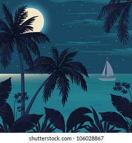 Exotic tropical landscape with moon night sky, palm trees, flowers and sea with sailboat. Vector