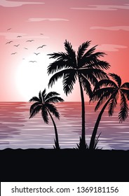 Exotic tropical  landscape. Palm trees at sunset or moonlight. Seascape. Tourism and travelling. Vector flat design