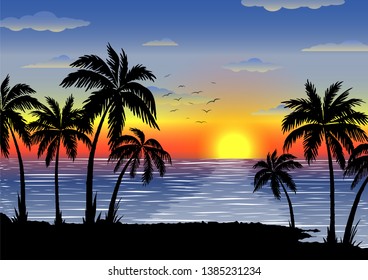 Exotic tropical  landscape. Palm trees at sunset or moonlight. Seascape. Tourism and travelling. Vector flat design