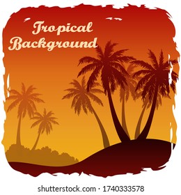 Exotic Tropical Landscape, Palm Trees Silhouettes Against the Background of the Morning or Evening Sky, Sunrise or Sunset. Vector