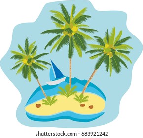 Exotic tropical landscape, palm trees on an island against the backdrop of the sea, the ocean with a ship, a sailboat. Cartoon vector illustration EPS10