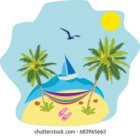 Exotic tropical landscape, palm trees with hammock, flip flops, slippers on an island on background of sea, the ocean with a ship, a sailboat. Travel concept, relax Cartoon vector illustration EPS10