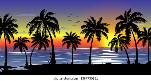 Exotic tropical  landscape with  palms. Palm trees at sunset or moonlight. Seascape. Tourism and travelling. Vector flat design