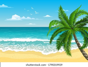 Exotic tropical  landscape with  palms. Seascape with waves, cloudy sky and seagulls.  Tourism and travelling. Vector flat design. Natural background, banner.