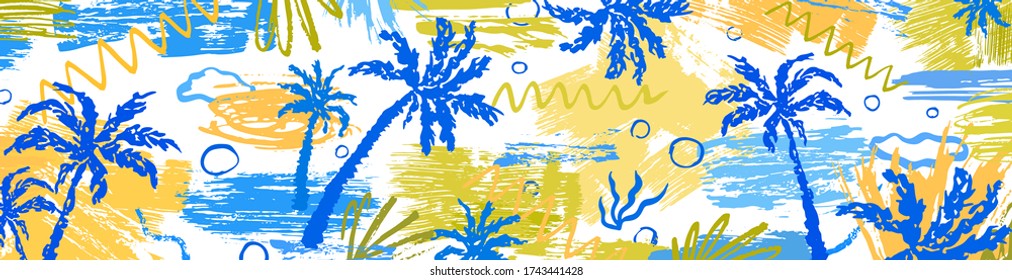 Exotic tropical  landscape with  palms. Vector seascape. Abstract background. Summer banner. Doodle style. Tourism and travelling