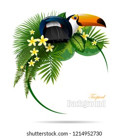 Exotic tropical leaf background in greeting template