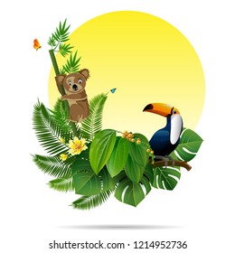 Exotic tropical leaf background in greeting template