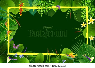 Exotic tropical leaf background for invitation greeting template of Summer. Bright tropical background with jungle plants. Exotic pattern with tropical leaves. Vector illustration.