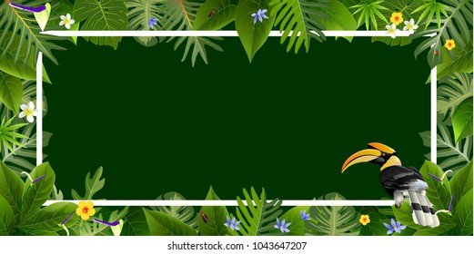 Exotic tropical leaf background for invitation greeting template of Summer.Bright tropical background with jungle plants. Exotic pattern with tropical leaves. Vector illustration.