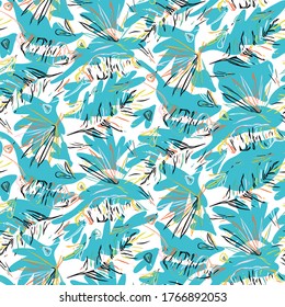 Exotic tropical leaf foliage background Seamless vector pattern. Stylized doodle jungle foliage texture. Decorative modern summer fashion all over print