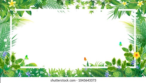Exotic tropical leaf and frower border background for invitation greeting template of Summer. Bright tropical background with jungle plants. Exotic pattern with tropical leaves. Vector illustration.