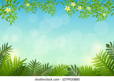 Exotic tropical leaf and frower border background for invitation greeting template of Summer. Bright tropical background with jungle plants. Exotic pattern with tropical leaves. Vector illustration.