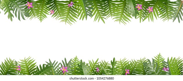 Exotic tropical leaf panorama background for invitation greeting template of Summer. Bright tropical background with jungle plants. Exotic pattern with tropical leaves. Vector illustration.