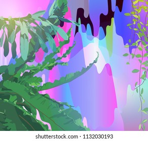 Exotic tropical leaf and phychedelic dreamy cave element. background template with space for text