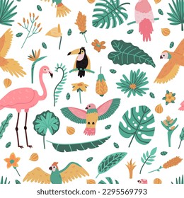 Exotic tropical leaves and birds seamless pattern. Wild flowers with rainforest green foliage. Pink flamingo, colorful parrot and toucan. Hawaiian summer flora and fauna vector textile