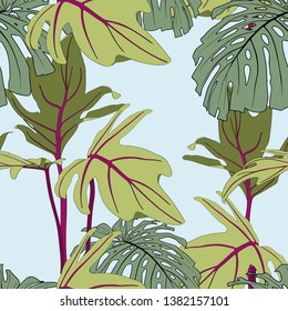 Exotic tropical leaves, light blue background. Floral seamless pattern.