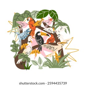 Exotic tropical leaves, parrots, exotic birds, jungle plants, palm trees, monstera leaves and flowers. Set of vector jungle illustrations in cartoon retro style