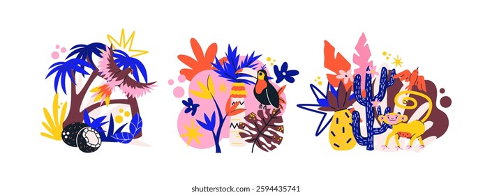 Exotic tropical leaves, parrots, exotic birds, jungle plants, palm trees, monstera leaves and flowers. Set of vector jungle illustrations in cartoon retro style