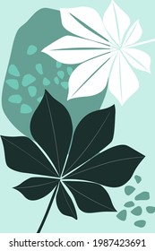 Exotic tropical leaves, plants, chestnut on the background of simple shapes. Modern minimalistic abstract art poster, postcard, print. Vector graphics.