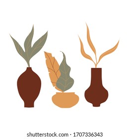 Exotic Tropical Leaves Rested in Ceramic Vase Vector Composition. Trendy Botanical Plants Potted for Home Interior