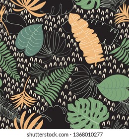 Exotic tropical leaves seamless pattern. Modern Scandinavian cartoon childish style. Dates, coconuts, bananas palma leaves summer background. Perfect for kids wallpaper, textures, fabrics, textiles