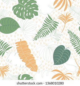 Exotic tropical leaves seamless pattern. Modern Scandinavian cartoon childish style. Dates, coconuts, bananas palma leaves summer background. Perfect for kids wallpaper, textures, fabrics, textiles