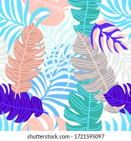 Hojas tropicales exóticas. Diseño sin inconvenientes con elementos florales. Colección textil de Aloha. Plantilla para diseño textil, tarjetas, tapas.