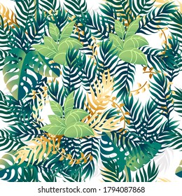 Hojas tropicales exóticas patrón transparente ilustración vectorial plana en fondo blanco