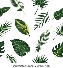 Exotic tropical leaves seamless pattern. Hawaiian plants on white background. Print for textile, wrapping paper, wallpaper.