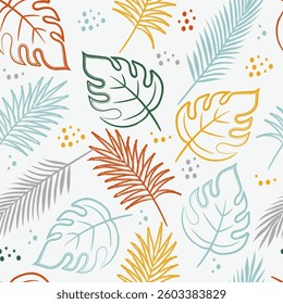 Exotic tropical leaves seamless pattern. Monstera, palm tree. Doodle brush style background. Summer hand drawn color crayon elements background.