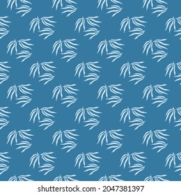 Exotic tropical leaves semless pattern. Tropic leaf on blue background. Exotic hawaiian wallpaper. Design for fabric, textile print, wrapping, cover. Vector illustration.