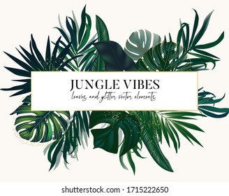 Exotic tropical leaves set on vertical wedding invitation card. Foliage jungle palm. monstera, ficus realistic vector. Can be used for cosmetics, spa, beauty salon.