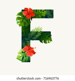 Exotic Tropical Leaves in The Shape of Alphabet "F" : Vector Illustration