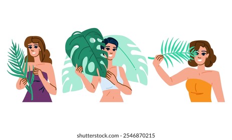 exotic tropical leaves woman  vector.  greenery jungle, rainforest paradise, vibrant lush exotic tropical leaves woman character. people flat cartoon illustration