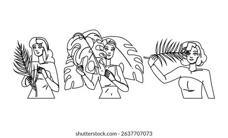 exotic tropical leaves woman vector. greenery jungle, rainforest paradise, vibrant lush exotic tropical leaves woman character. people black line pencil drawing illustration