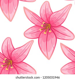 exotic tropical lily petals flower seamless pattern . vector illustration romantic island theme pink plant isolated on white