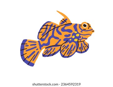 Exótico pez mandarín tropical. Animal acuático marino. Mandarinfish subacuático lindo con patrón de manchas. Especies de acuario ornamental. Ilustración vectorial plana coloreada aislada en fondo blanco