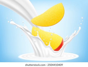 Exotische tropische Mangofrucht im Spritzen von Jogurt oder Milch, Cocktailspritzer mit Tropfen, Milkshake-Spritzer mit reifen Mangofrüchten. Realistische 3D-Vektorgrafik