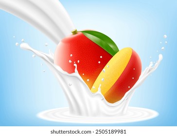 Exotische tropische Mangofrucht im Spritzen von Jogurt oder Milch, Cocktailspritzer mit Tropfen, Milkshake-Spritzer mit reifen Mangofrüchten. Realistische 3D-Vektorgrafik