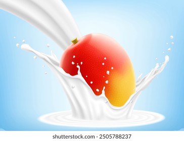 Exotische tropische Mangofrucht im Spritzen von Jogurt oder Milch, Cocktailspritzer mit Tropfen, Milkshake-Spritzer mit reifen Mangofrüchten. Realistische 3D-Vektorgrafik