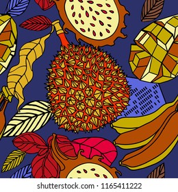 Exotic tropical mix of fruits. Bright floral natural print with plants and fruits. coconut, bananas, palm leaves. Hawaii beach pattern