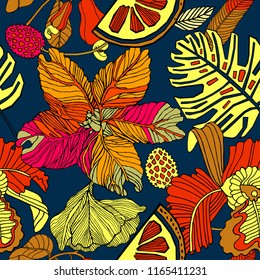 Exotic tropical mix of fruits. Bright floral natural print with plants and fruits. coconut, bananas, palm leaves. Hawaii beach pattern