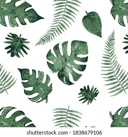 Exotic tropical natural green leaves vector composition on white background. Beach seamless pattern wallpaper