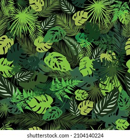 Exotic tropical natural green leaves seamless pattern. Background with different tropical palm leaves. Vector natural tropical wallpaper. Hand drawing 