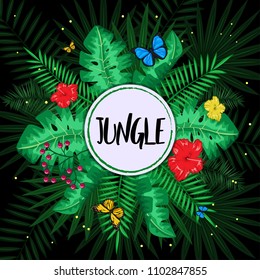 Exotic tropical nature environment editable template. Jungle rainforest summer green plants and flowers, butterfly and fern background.